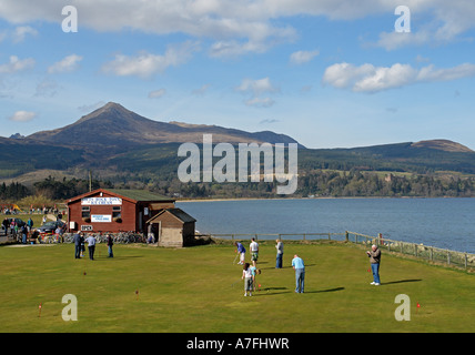 Sunny spring view towards Goat Fell from Brodick on Arran Stock Photo