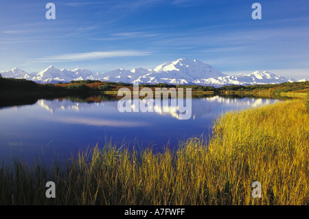 NA, USA, Alaska, Denali NP Mt. McKinley in Reflection Pond, autumn colors Stock Photo