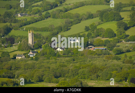 A view over Widecombe in the Moor from Bonehill Rocks Dartmoor National Park Devon Great Britain Stock Photo