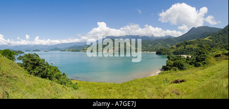 A 2 picture stitch panoramic view of typical scenery about 130 km south west of Rio de Janeiro along the Emerald Coast of Brazil Stock Photo