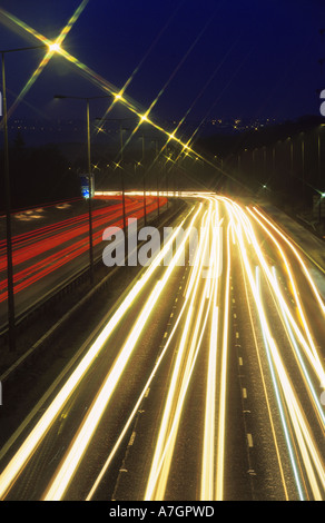 long time exposure of traffic travelling on the m62 motorway at night leeds uk Stock Photo