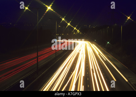 long time exposure of traffic travelling on the M62  motorway at night leeds uk Stock Photo