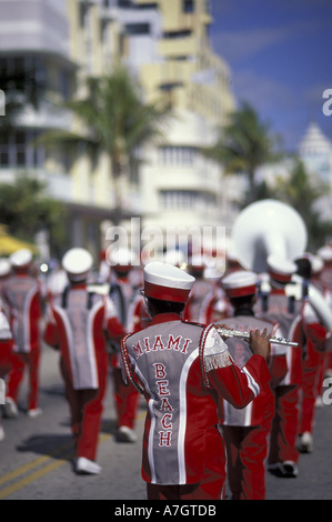 NA, USA, Florida, Miami Beach. Marching band, Art Deco Weekend Stock Photo