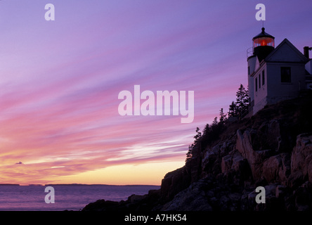 North America, US, ME, Bass Harbor Head Light. Sunset.  Mt. Desert Island.  Lighthouses.  Acadia National Park. Stock Photo