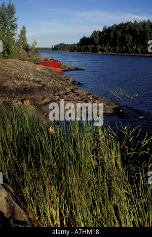 North America, US, ME, Caneoing. Northern Forest. Red canoes on an island. Stock Photo