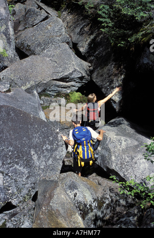 US, ME, Hiking Mahoosuc Notch Trail, Appalachian Trail, giant boulders ...