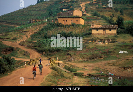 Terraced cultivated hills surrounding Lake Burera near Ruhengeri, Rwanda Stock Photo