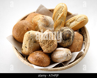 A variety of rolls in a basket on a white background editorial food Stock Photo