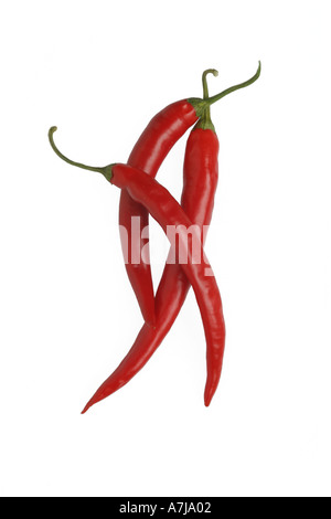 three red chilli peppers on a white background Stock Photo