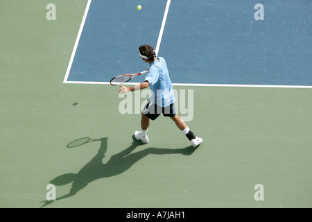 Tennis pro Roger Federer in action at the Dubai Duty Free Men's Open. Stock Photo