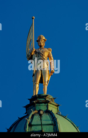 Statue of Captain George Vancouver on top of legislative buildings in capitol city of Victoria British Columbia Canada Stock Photo