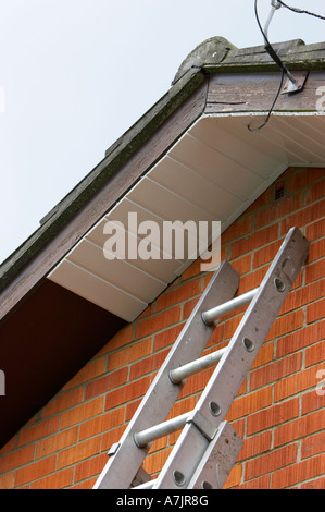 side vertical ladder reaching up to installation of white pvc cladding over old wooden panels on a red brick bungalow Stock Photo