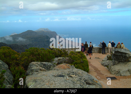 Tourists At Viewing Area on Table Mountain Looking Towards Cape of Good Hope Cape Town South Africa Stock Photo