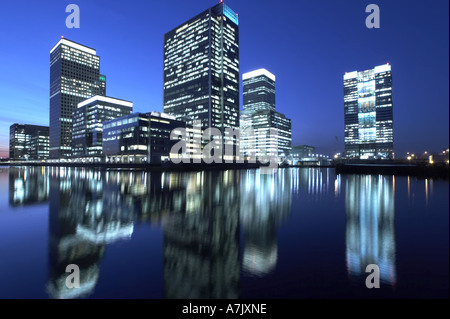 Canary Wharf office buildings at dusk in London UK Stock Photo