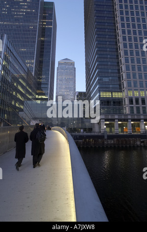 Office buildings and footbridge at Canary Wharf in London, England ...