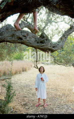 boy in tree, girl in field Stock Photo