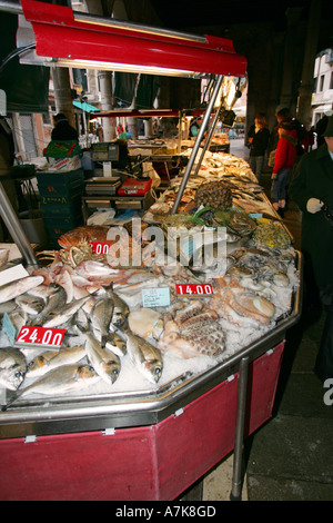 Famous Venice fish Market Prescaria near Rialto bridge and Grand Canal sells fresh local fish Italy Europe EU Stock Photo