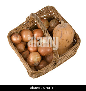 Onions and butternut squash in wicker basket on white background Stock Photo