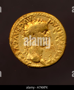 Gold Roman Coin, Emperor Tiberius, AD14-36, original,metal detecting find, finds, Norfolk, England, UK, aureus 1st century coins Stock Photo