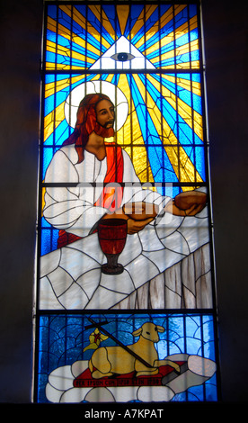 A striking stained glass window in the church of Santa Lucia, Merida Stock Photo