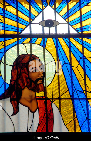 A striking stained glass window in the church of Santa Lucia, Merida Stock Photo