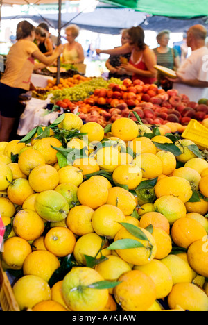 Fruit on sale at a street market in Mallacor on the island of Mallorca. Stock Photo