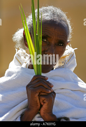 Ethiopia - woman with palm leaves given on palm sunday in the catholic Cathedral of the Holy Saviour Stock Photo