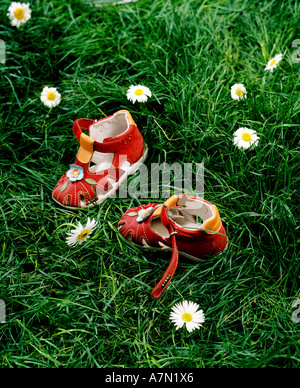 outdoor summer day meadow lawn grass flowers flower shoe shoes child infantile composition vertical Stock Photo