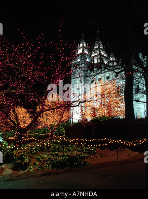 The Mormon Temple,  Christmas lights, Temple Square, Salt Lake City, Utah. Stock Photo