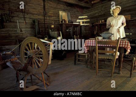 North America, USA, Washington, Walla Walla. Fort Walla Walla Museum. interior of pioneer cabin with manequin spinning wheel Stock Photo