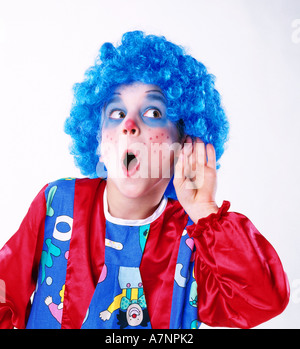 indoor studio child boy 5 10 freckle freckles cheek cheeks head hair blue curly make up eye shadow eye shadows nose outfit di Stock Photo