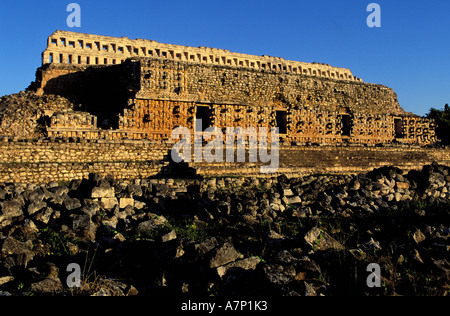 Mexico, Yucatan State, the Puuc Route, Mayan site of Kabah, the Palace of Masks of the rain god Chac Mool Stock Photo