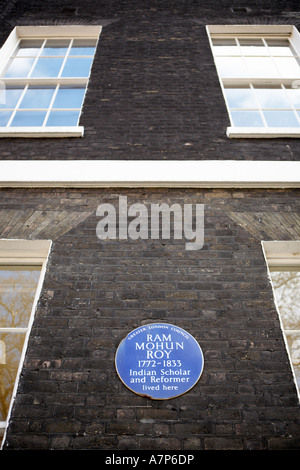 Plaque at Bedford Square WC1 London city England UK reading Greater London Council Ram Mohun Roy