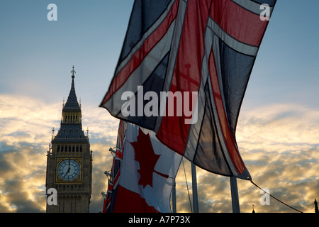 Union Jack flag and Big Ben clock tower in London city England UK 15 03 2007 Stock Photo