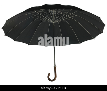 Open black umbrella silhouetted on white background Stock Photo