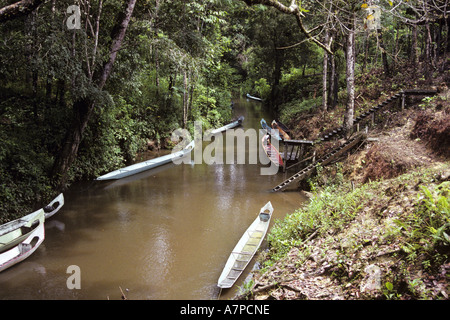 boats at the longhouse Bunu of the Dayak Iban, Malaysia, Sarawak Stock Photo