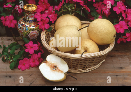 Shinseiki Asian pear, Asian pear (Pyrus pyrifolia), in a basket on the table, China Stock Photo