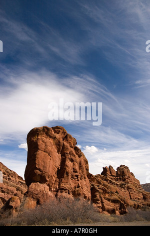 Red Rocks Colorado on a sunny day with a blue sky and puffy white clouds Stock Photo