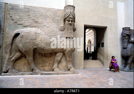 France, Paris, Louvre museum, Assyrian low reliefs in Khorsabad courtyard, bull with wings Stock Photo