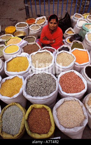 Nepal, Kathmandu, dried vegetables saleswoman Stock Photo