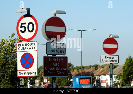 Confusing Road signs at a busy junction in South London England Stock ...