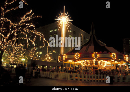 USA, Washington State, Seattle, Westlake Center at night during holiday season, winter. Stock Photo