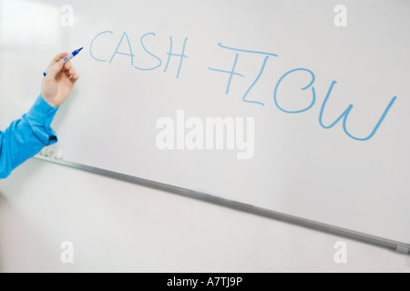 Close-up of man's hand pointing towards whiteboard Stock Photo