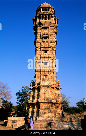 India, Rajasthan, Chittorgarh, the Fort, the Tower of Victory (or Jaya Stambha) of the 15th century Stock Photo