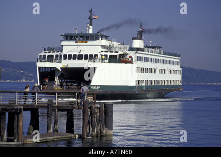 NA, USA, Washington, Mukilteo. Washington State Ferry Chelan arriving in Mukilteo on the run from Whidbey Island Stock Photo