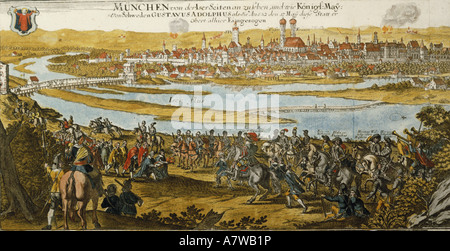 events, Thirty Years War 1618 - 1648, Swedish intervention 1630 - 1635, the Swedes entering Muinich, 17.5.1632, engraving, 'Topographia Bavariae' von Matthäus Merian, coloured, Stadtmuseum Munich, , Artist's Copyright has not to be cleared Stock Photo