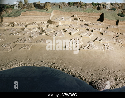 aeon / prehistory, architecture / buildings / settlements, Lepenski Vir, (Lepenski-Vir culture), circa 7000 BC - circa 4800 BC, Iron Gates gorge (Djerdap), Danube, Serbia, miniature, view, National Museum, Belgrade, Europe, prehistoric, primitive times, early history, Stone Age, Paleolithic, Palaeolithic, historic, historical, Middle, Lower, Mesolithic, Neolithic, hunter, hunter-gatherer, hunters, gatherers, hunter-gatherers, fisher, fisherman, fishermen, building, settlement, Balkan peninsula, bank, banks, river, archaeological site, archaeology, Stock Photo