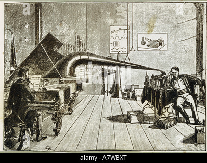Edison, Thomas Alva, 11.2.1847 - 18.10.1931, American engineer, his phonograph, 1877, recording music of a piano, engraving, Leipzig, circa 1880, privat collection, , Stock Photo