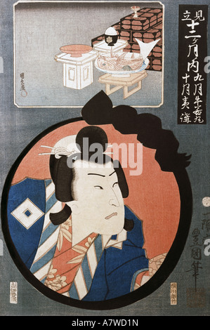 fine arts, Hiroshige Utagawa (1797 - 1858), Surimono (congratulation sheet), portrait of a actor, coloured woodcut, 19th century, private collection, , Artist's Copyright has not to be cleared Stock Photo
