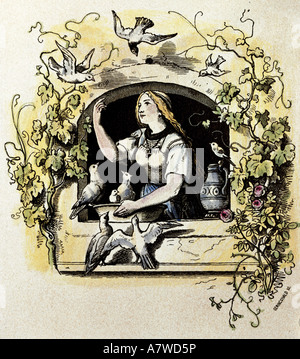 literature, fairytales, after Brothers Grimm, 'Cinderella', 'Cinderella is calling the doves', coloured engraving by Ludwig Richter, publisher Heinrich Richter, Dresden, 1862, private collection, , Stock Photo